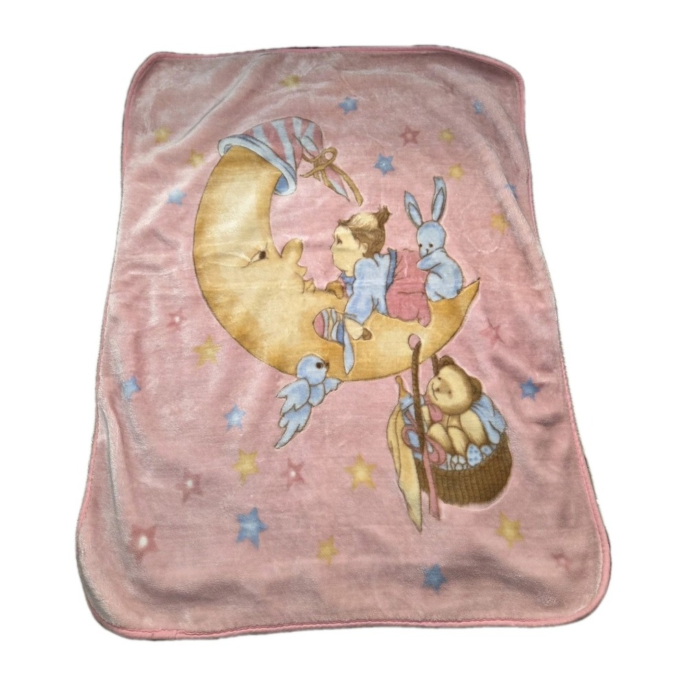 Vtg Pink Baby Blanket Moon‎ Bunny Bear Stars Crib Nursery Plush 54"x39"